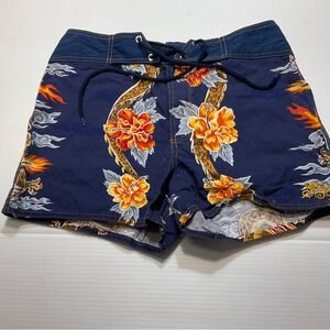 Y2K Board Shorts Women/Junior Sz 5 Blue Orange Hawaiian Print Floral Dragon Dish